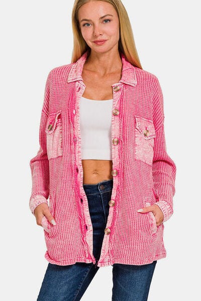 Zenana Waffle-Knit Button Up Dropped Shoulder Jacket - Flyclothing LLC