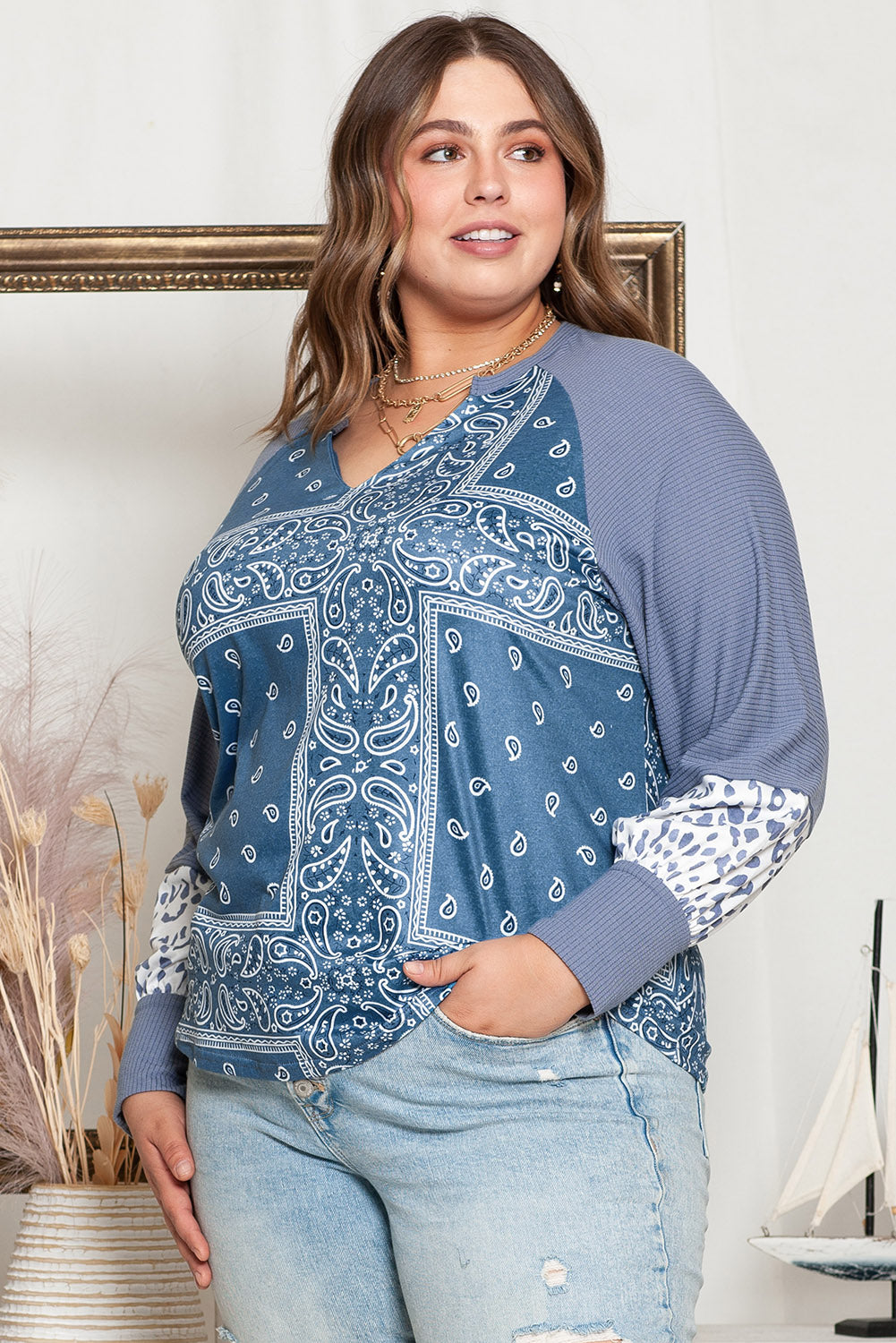 Plus Size V-Neck Printed Raglan Sleeve Blouse - Flyclothing LLC