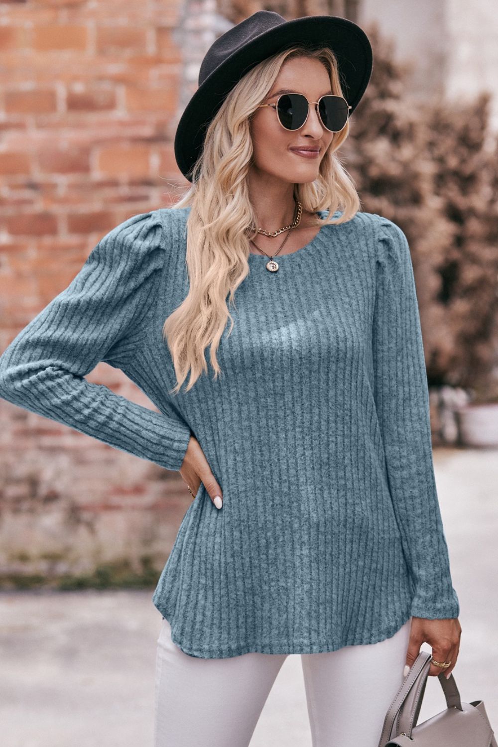 Round Neck Puff Sleeve Ribbed Top - Flyclothing LLC