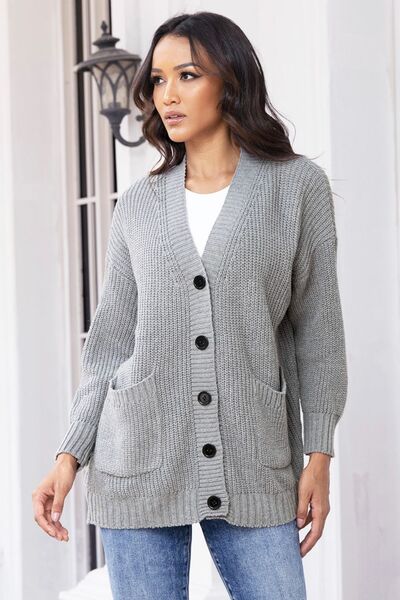 Button Up Long Sleeve Cardigan with Pockets - Flyclothing LLC