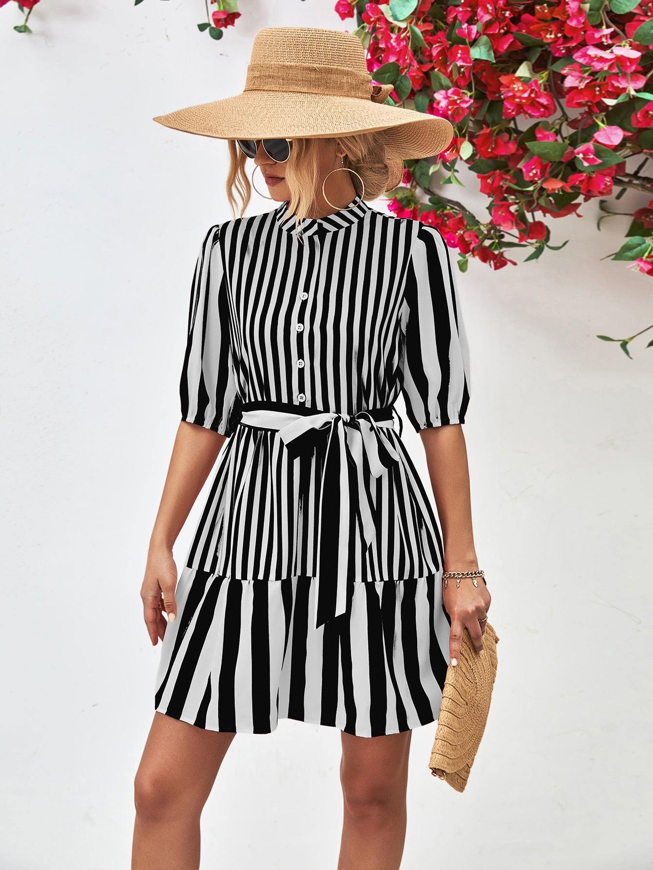 Striped Half Sleeve Tie Waist Mini Dress - Flyclothing LLC