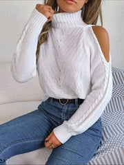 Cable-Knit Turtleneck Cold Shoulder Sweater - Flyclothing LLC