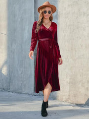 Tie Front Long Sleeve Slit Dress - Flyclothing LLC