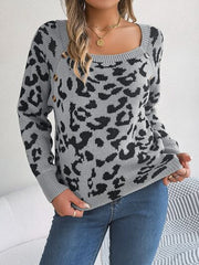 Leopard Buttoned Square Neck Sweater - Flyclothing LLC