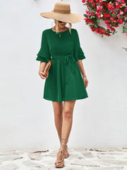 Round Neck Tie Belt Flounce Sleeve Dress - Flyclothing LLC