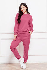 Round Neck Long Sleeve Sweatshirt and Pants Set - Flyclothing LLC