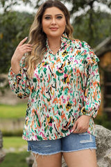 Plus Size Printed Ruffle Trim Long Sleeve Blouse - Flyclothing LLC