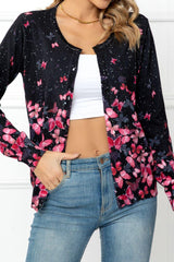 Floral Button Front Round Neck Cardigan - Flyclothing LLC