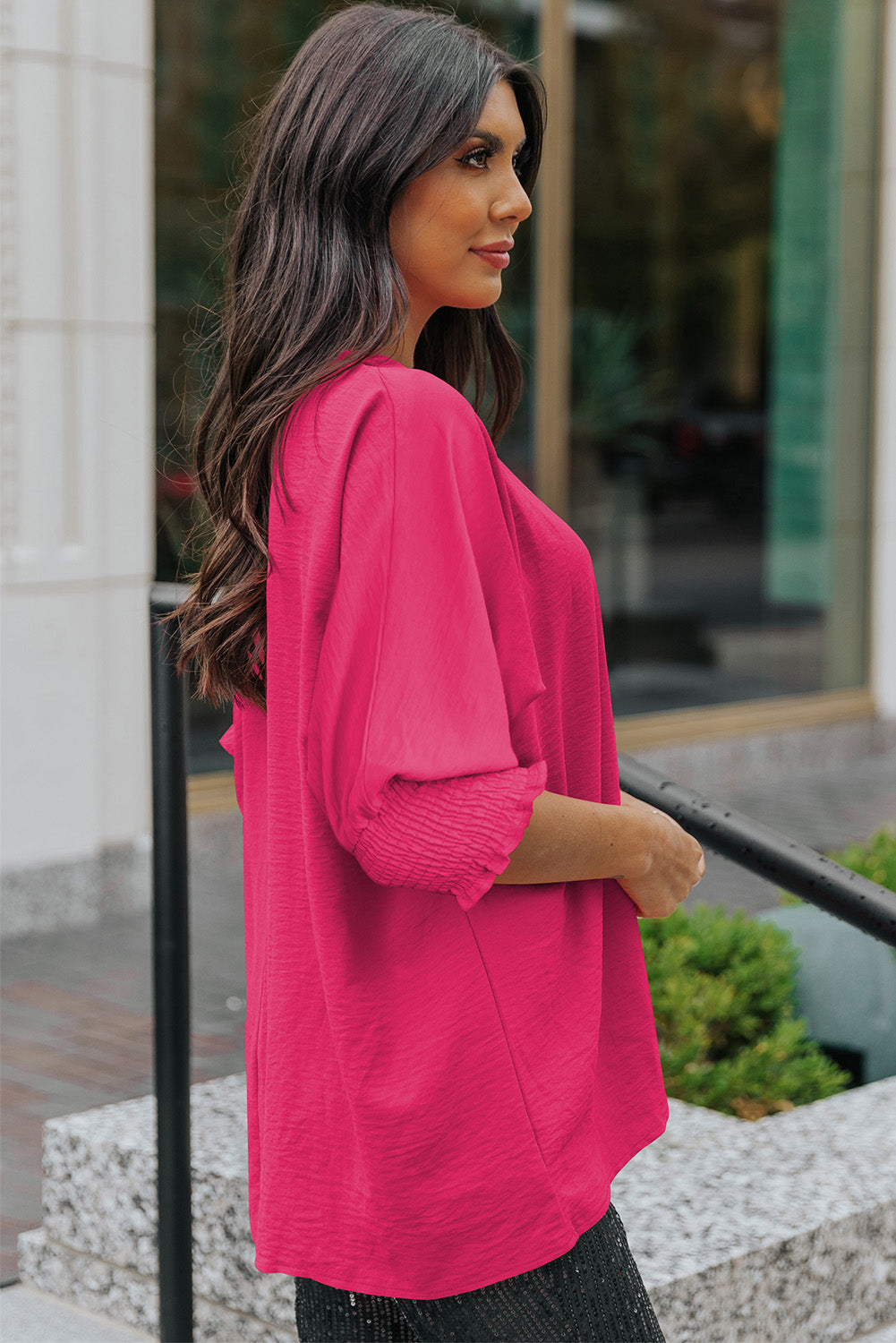 Round Neck Dolman Sleeve Textured Blouse - Flyclothing LLC