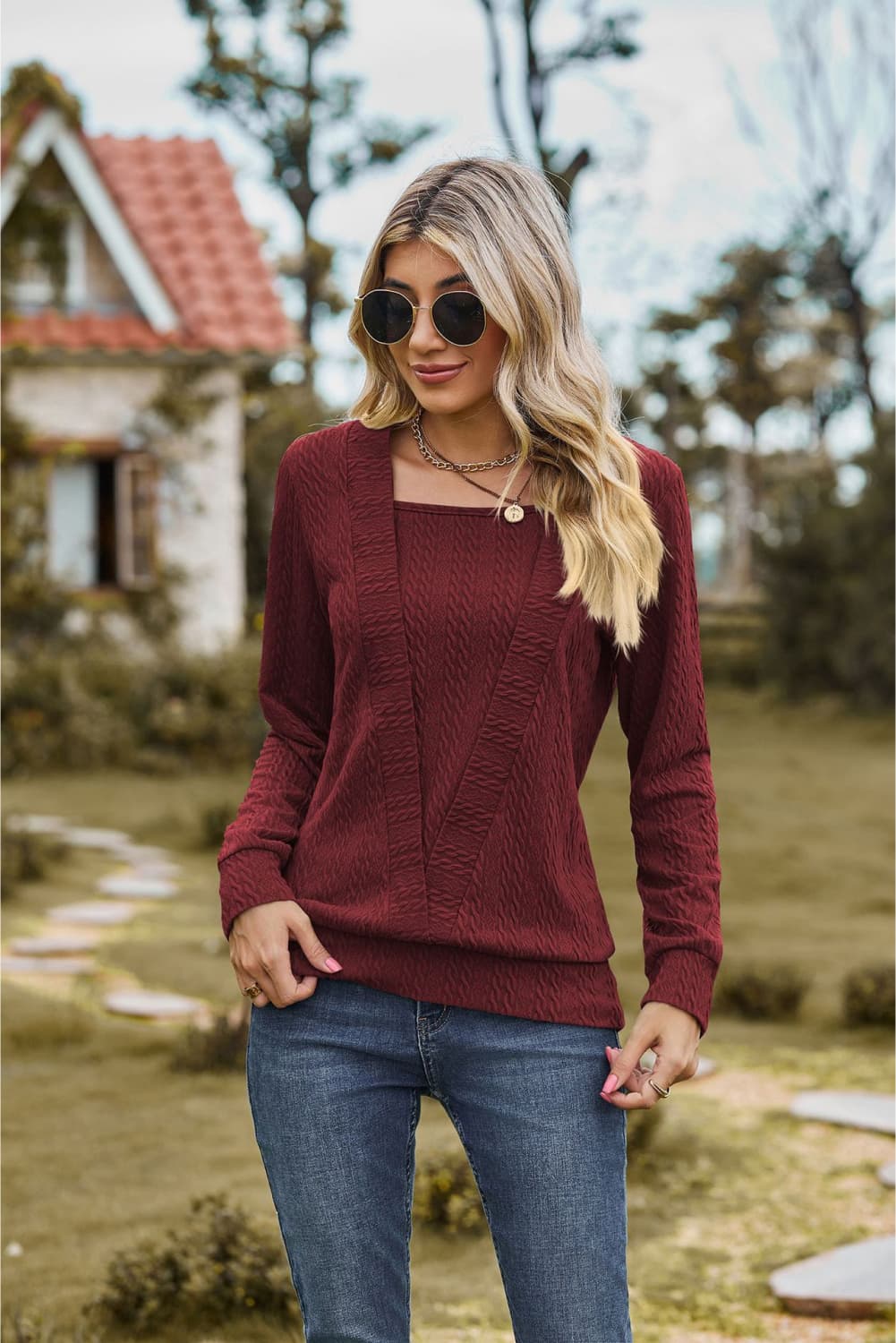 Square Neck Long Sleeve Blouse - Flyclothing LLC