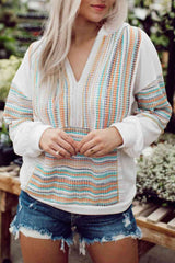 Multicolor Striped Patchwork V Neck Drop Shoulder Knit Hoodie - Flyclothing LLC