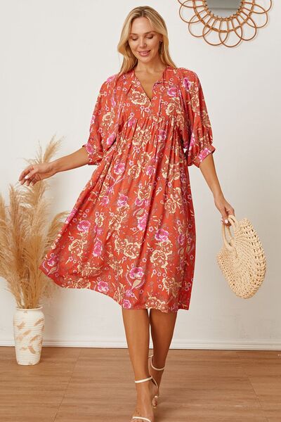 Floral Tie Neck Half Sleeve Dress - Flyclothing LLC