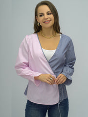 Surplice Neck Striped Long Sleeve Blouse - Flyclothing LLC