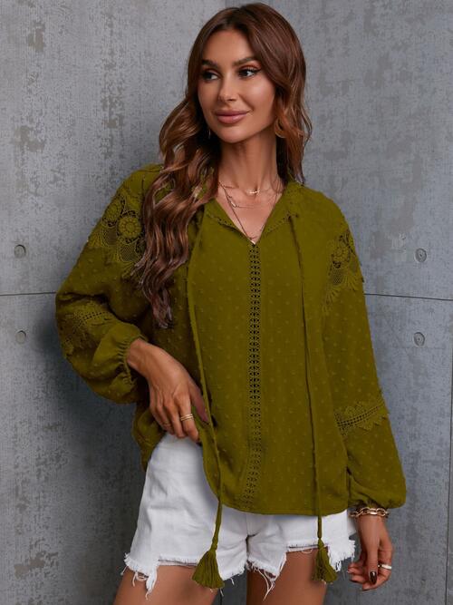 Crochet Tassel Tie Neck Long Sleeve Blouse - Flyclothing LLC