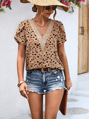 Animal Print V-Neck Petal Sleeve Blouse - Flyclothing LLC