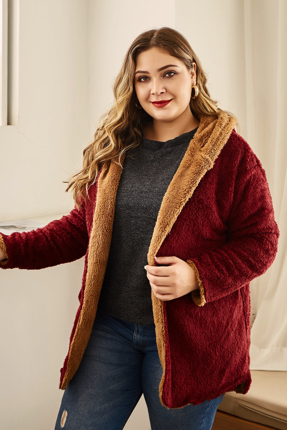 Plus Size Hooded Longline Teddy Jacket Wine 1XL