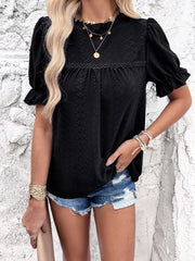 Eyelet Mock Neck Flounce Sleeve Blouse - Flyclothing LLC