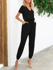 Short Sleeve V-Neck Jumpsuit with Pockets - Flyclothing LLC