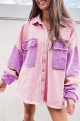 Color Block Button Up Raw Hem Denim Jacket - Trendsi