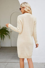 Cable-Knit Long Sleeve Sweater Dress - Trendsi