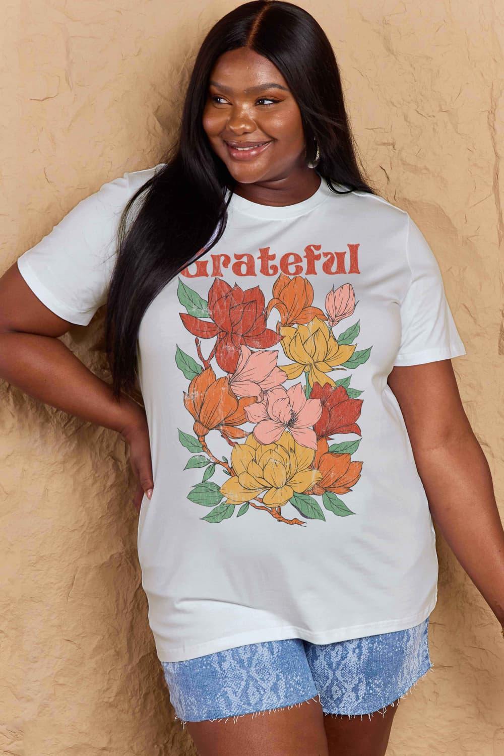 Simply Love Full Size GRATEFUL Flower Graphic Cotton T-Shirt - Flyclothing LLC