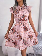 Pleated Floral Printed Tie Neck Knee Length Dress - Flyclothing LLC