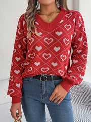 Heart Pattern V-Neck Long Sleeve Sweater - Flyclothing LLC