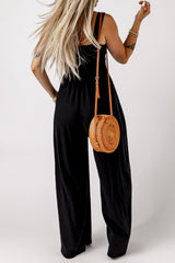 Smocked Square Neck Wide Leg Jumpsuit with Pockets - Flyclothing LLC