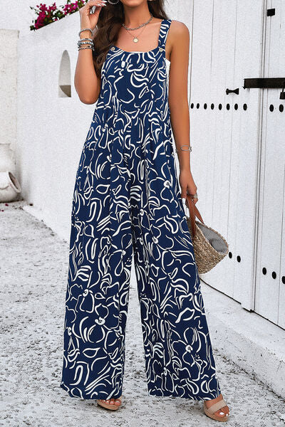 Printed Wide Strap Jumpsuit with Pockets - Flyclothing LLC