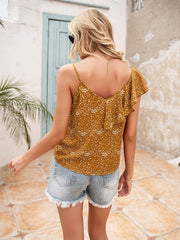 Polka Dot Ruffle Trim Asymmetrical Tank Top - Flyclothing LLC