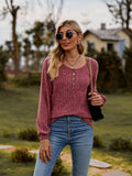 Round Neck Button-Down Long Sleeve Tee - Trendsi