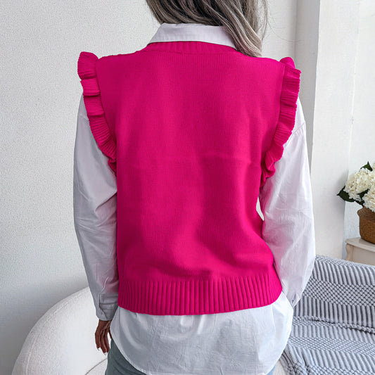 Ruffle Shoulder Ribbed Trim Sweater Vest - Flyclothing LLC