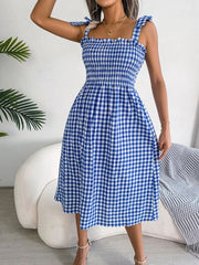 Frill Plaid Square Neck Midi Dress - Flyclothing LLC