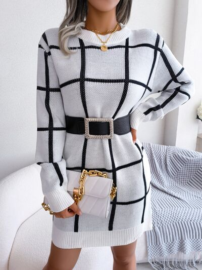 Plaid Round Neck Dropped Shoulder Sweater Dress - Flyclothing LLC