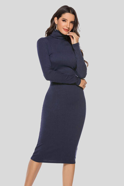 Ribbed Turtleneck Long Sleeve Dress - Flyclothing LLC