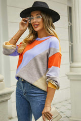 Color Block Round Neck Long Sleeve Sweater - Trendsi