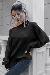 Off-Shoulder Ribbed Long Sleeve Pullover Sweater - Trendsi