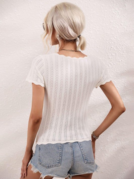 Scalloped Hem Square Neck Knit Top - Flyclothing LLC