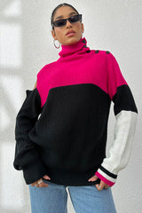 Contrast Buttoned Cutout Long Sleeve Sweater - Flyclothing LLC