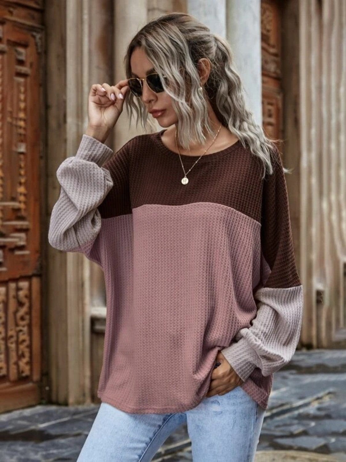 Color Block Waffle-Knit Long Sleeve Top - Trendsi