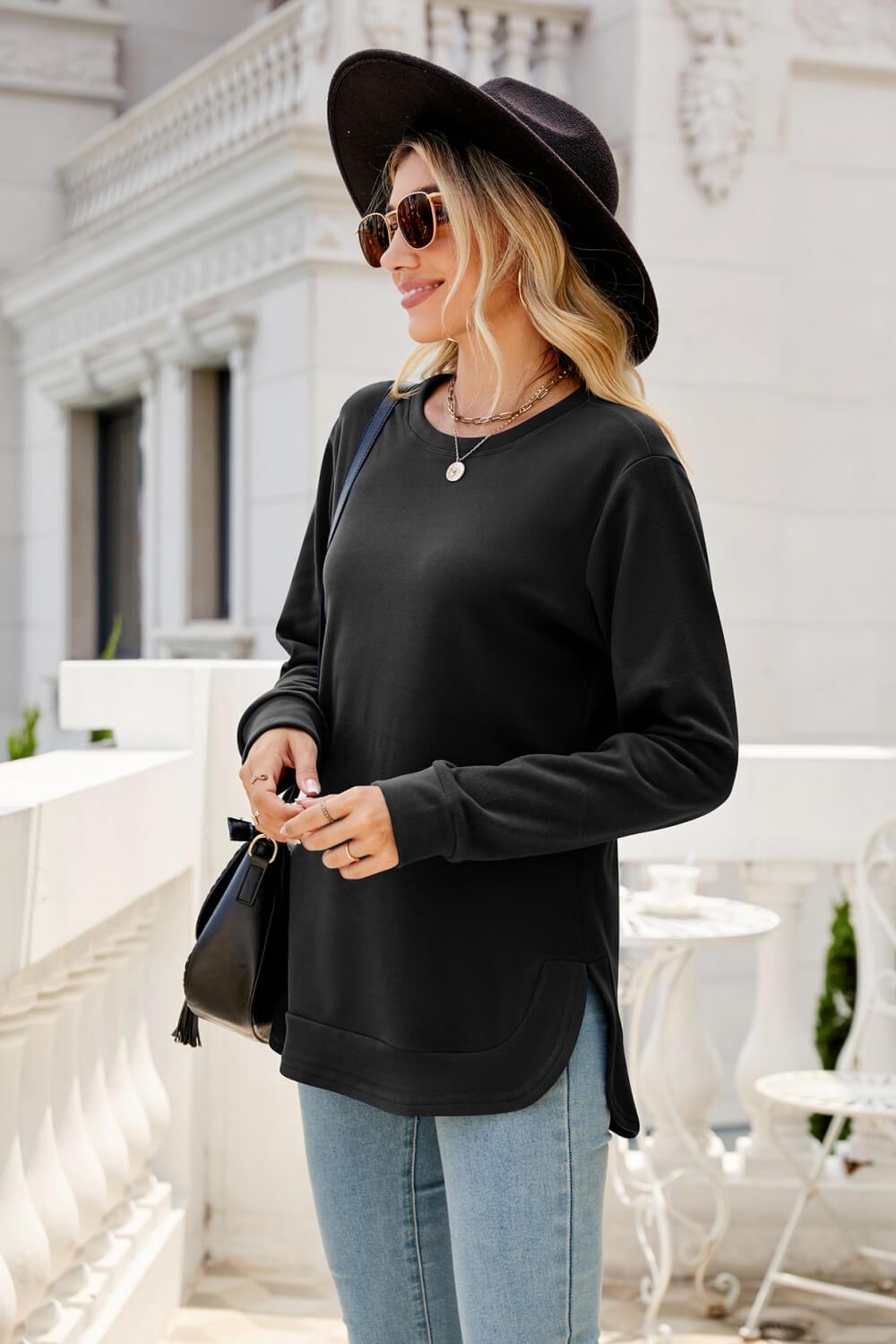 Round Neck Slit Tunic Top - Flyclothing LLC