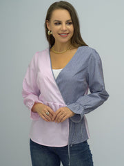 Surplice Neck Striped Long Sleeve Blouse - Flyclothing LLC