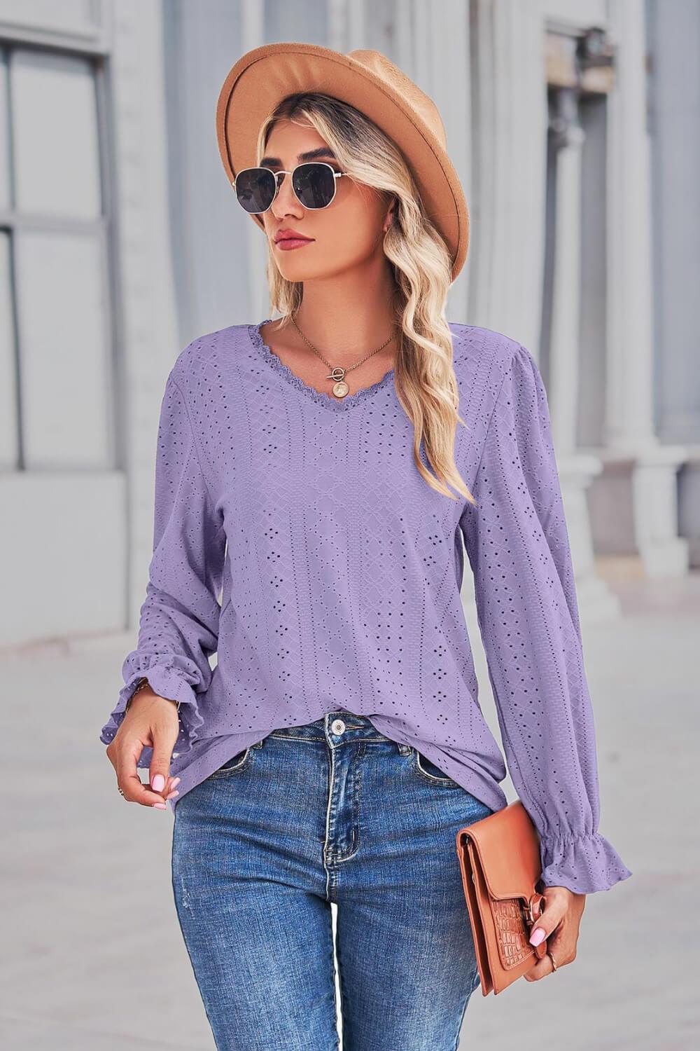 Lace Trim V-Neck Flounce Sleeve Top - Trendsi