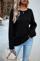 Cable-Knit Round Neck Drop Shoulder Sweater - Flyclothing LLC