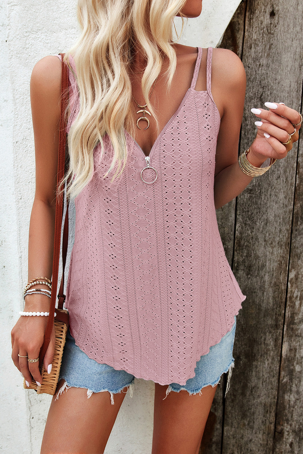 Eyelet V-Neck Double Strap Cami - Flyclothing LLC