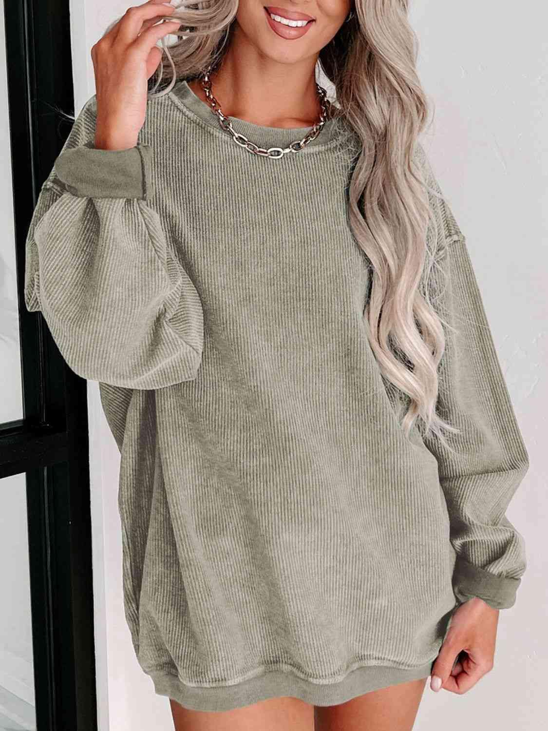 Round Neck Dropped Shoulder Sweatshirt - Trendsi