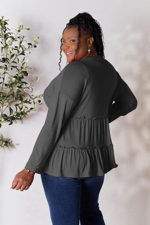 Double Take Half Button Long Sleeve Ruffle Hem Blouse - Flyclothing LLC