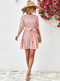 Striped Half Sleeve Tie Waist Mini Dress - Flyclothing LLC