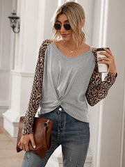 Leopard Twist Front Cold-Shoulder Tee - Trendsi