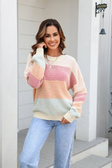 Waffle-Knit Round Neck Dropped Shoulder Color Block Sweater - Flyclothing LLC